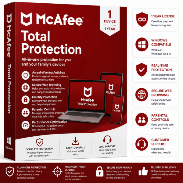 McAfee Total Protection 1 Year – 1 Device License Key